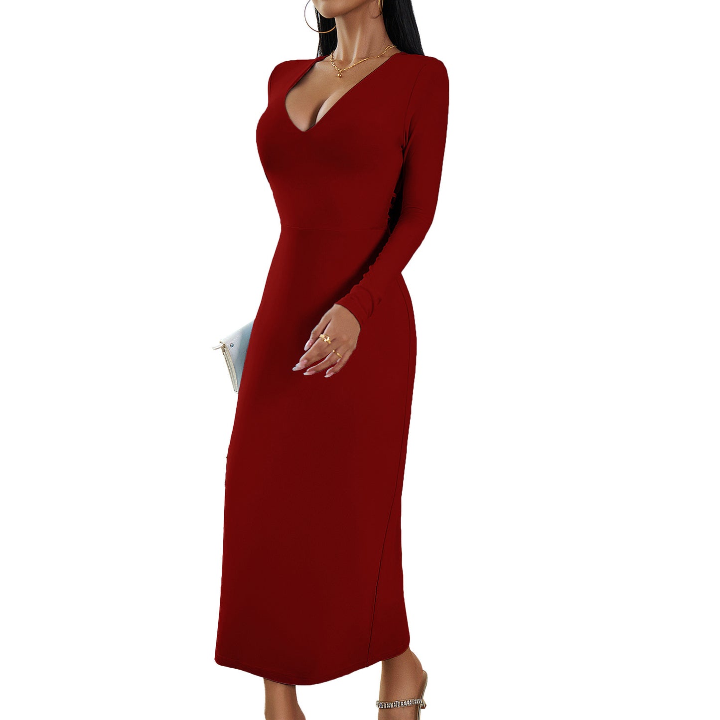 Women's Fashion Casual V-neck Sheath Long Sleeve Dress