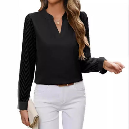 Chiffon Patchwork Long Sleeve Solid Color And V-neck Shirt