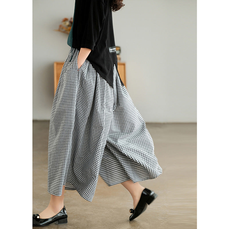 Plus Size Imitation Cotton And Linen Plaid Casual Cropped Pants For Women