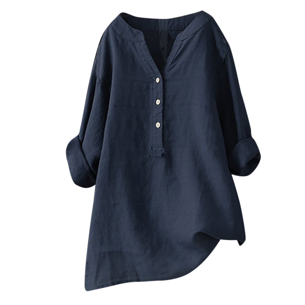 Loose Solid Color Stand Collar Button Long Sleeve Cotton And Linen Top