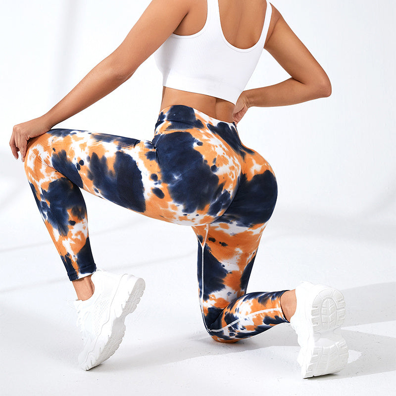 Pantalon de yoga imprimé tie-dye à l'encre, sans couture, taille haute, moulant, levage des hanches, pantalon de sport, de course, de fitness pour femmes