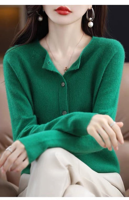 Fashion Merino Wool Cardigan Sweater Women O-Neck Long-sleeve Cashmere Knitwear Spring Autumn Female Clothing Tops