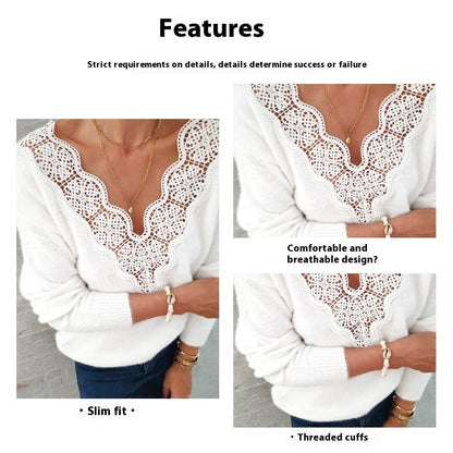 Lace V-neck Sweater White Warm Top