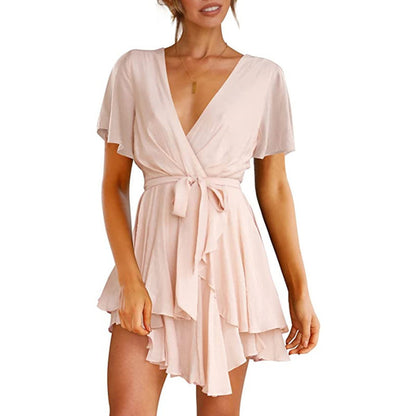 V-Neck Short Sleeve Mini Flowy Dress