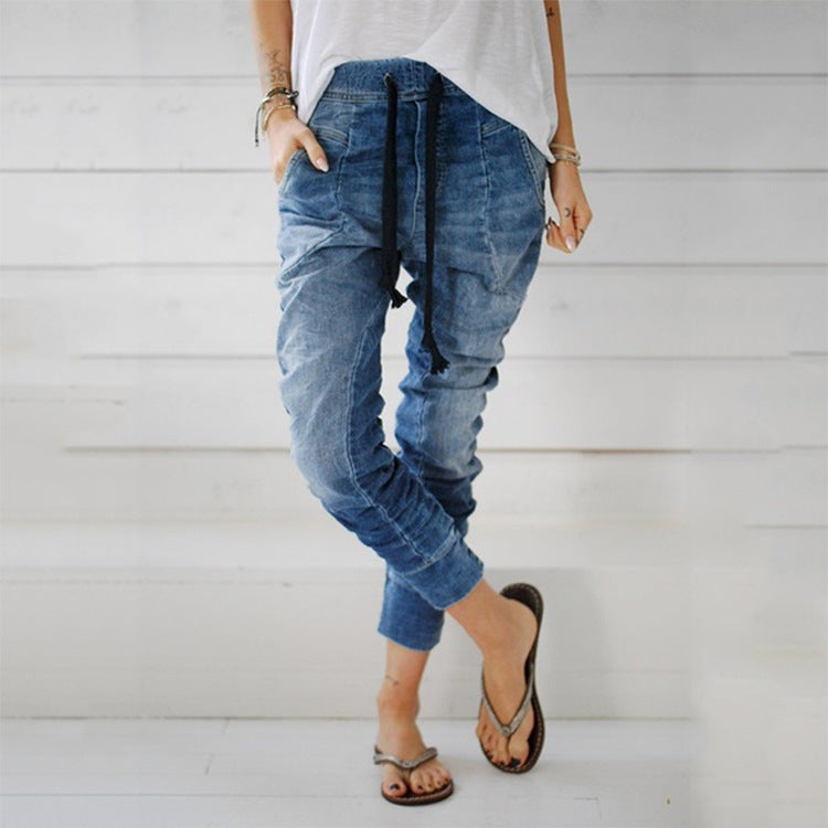 Lace-up denim trousers harem pants