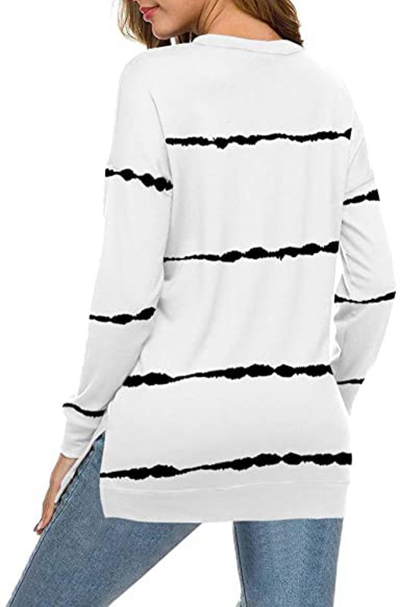 Printed striped round neck loose sweatshirt