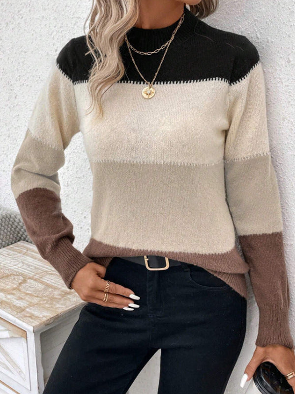 Contrast Color Pullover Round Neck Long Sleeves Knitwear Casual Sweater