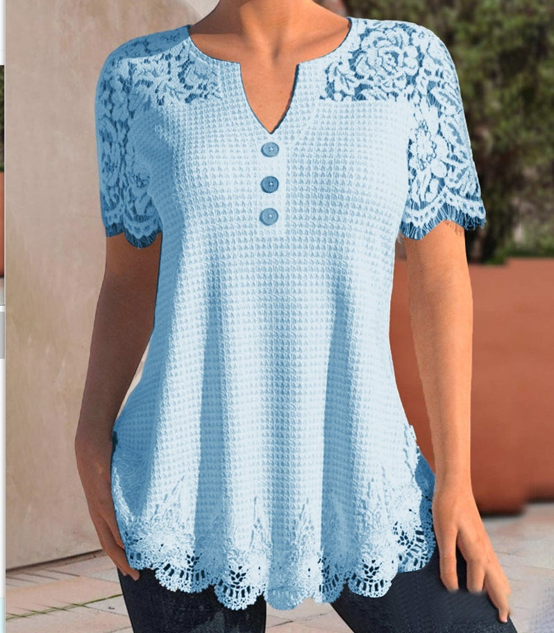 Plus Size Women's Knitted Lace Stitching Lace Short-sleeved T-shirt