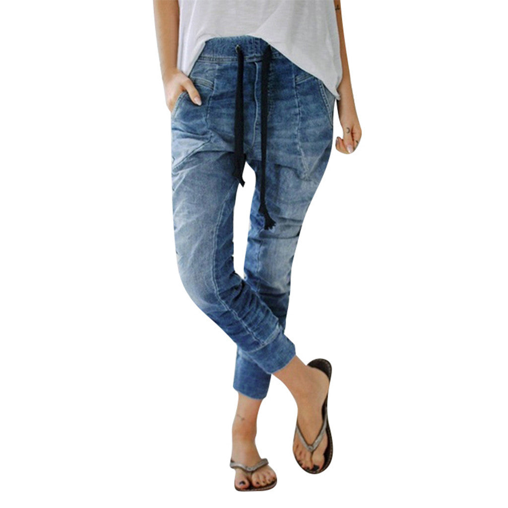 Lace-up denim trousers harem pants