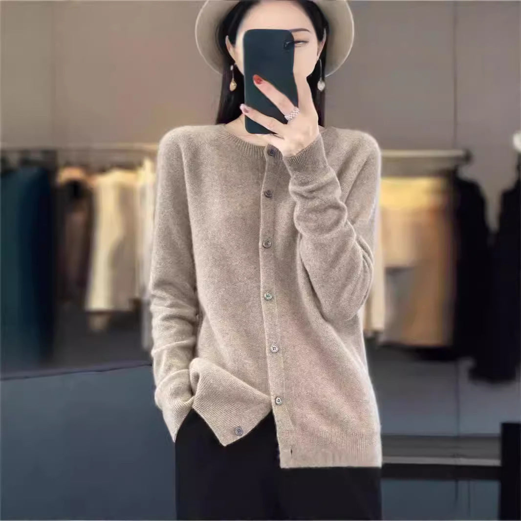 Pull cardigan en laine mérinos à la mode pour femme, col rond, manches longues, tricot en cachemire, printemps automne, vêtements pour femmes