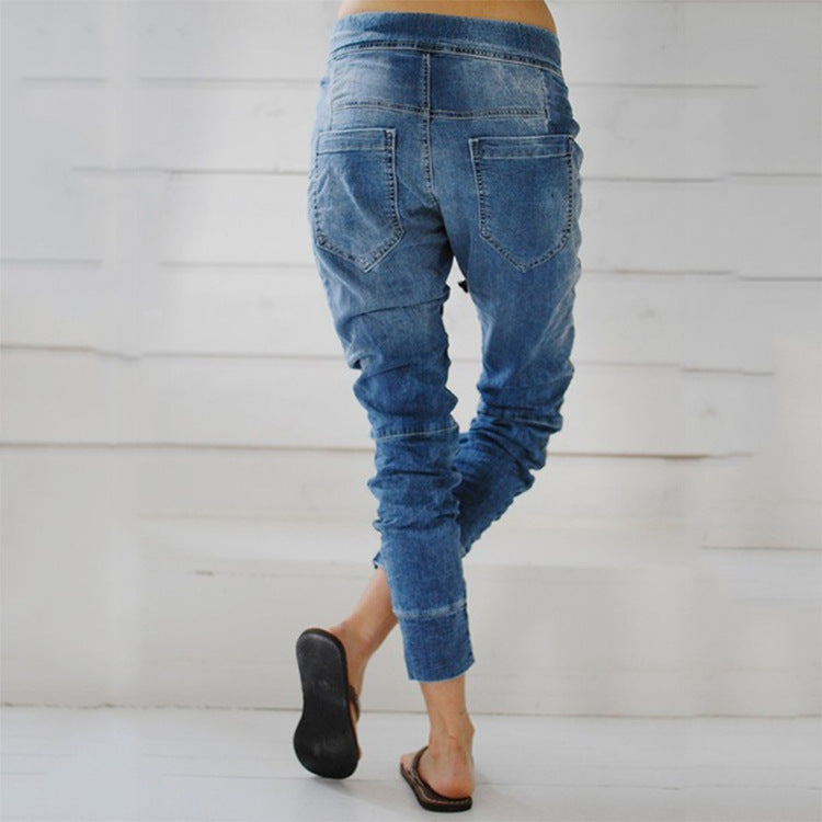 Lace-up denim trousers harem pants