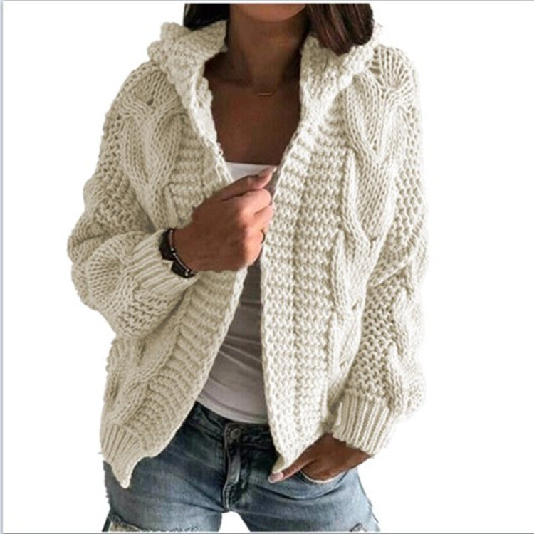 Cardigan à bonnet torsadé en tricot épais pour femme