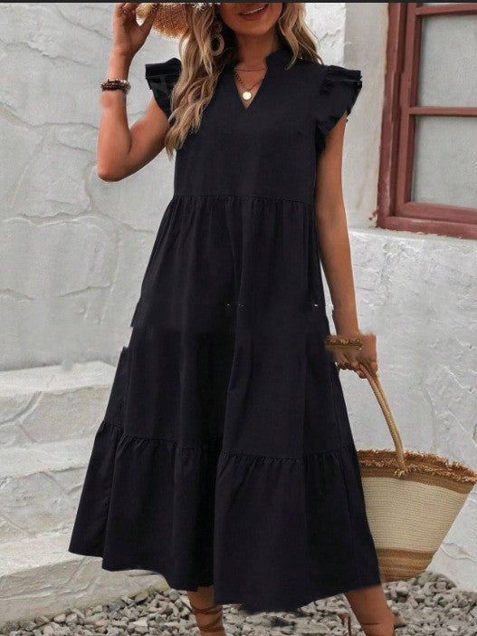 V-neck Ruffle Short Sleeve Solid Color Casual Dress