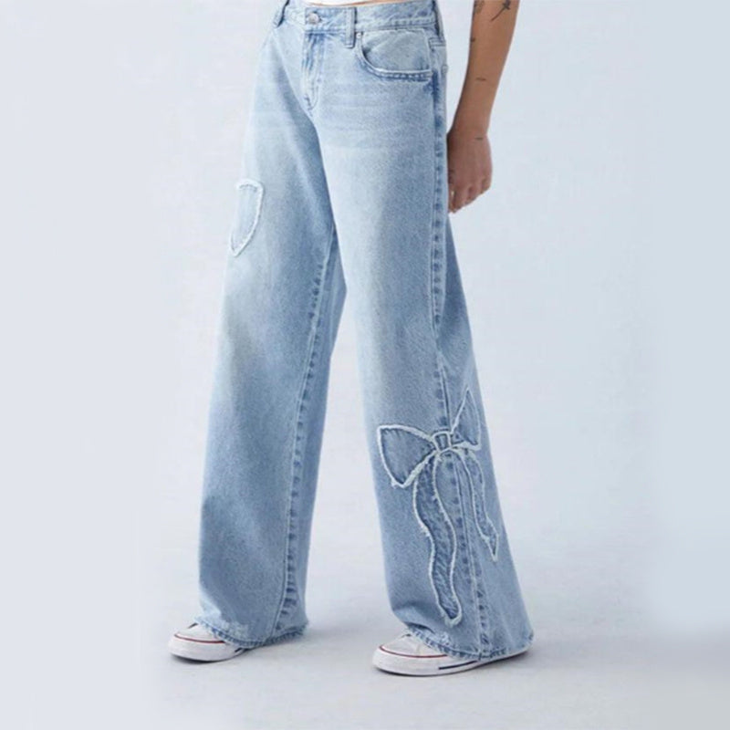 Pantalon droit pour femme, jean brodé avec papillon effiloché sur le côté, design de rue, pantalon baggy pour fille sexy