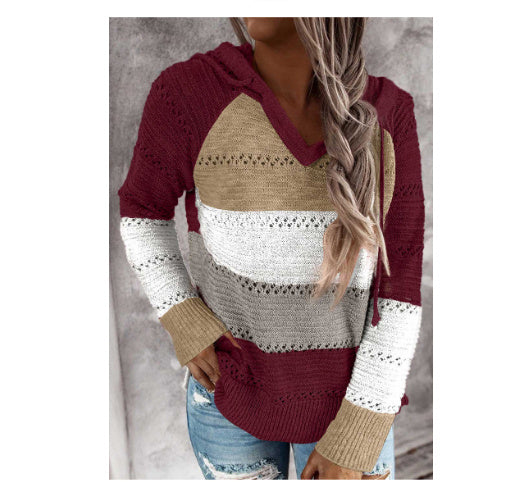 Autumn And Winter New Independent Station Wish Amazon Europe And America Color Matching Long-sleeved Hooded V-neck Sweater Sweater Women