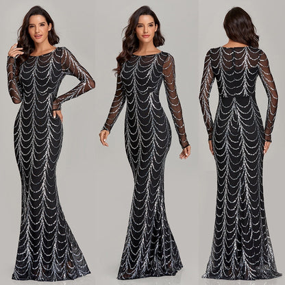 Robe longue à paillettes pour femme, manches longues, robe de soirée pour femme