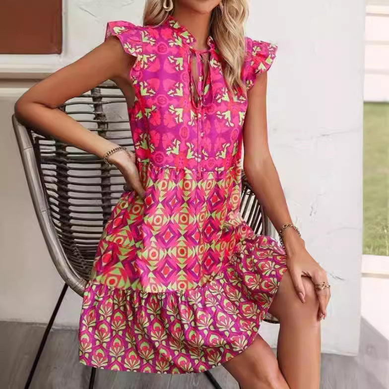 Printed Sleeveless Dress Summer Fashion V-Neck Lace-up Straight Dresses For Womens Clothing