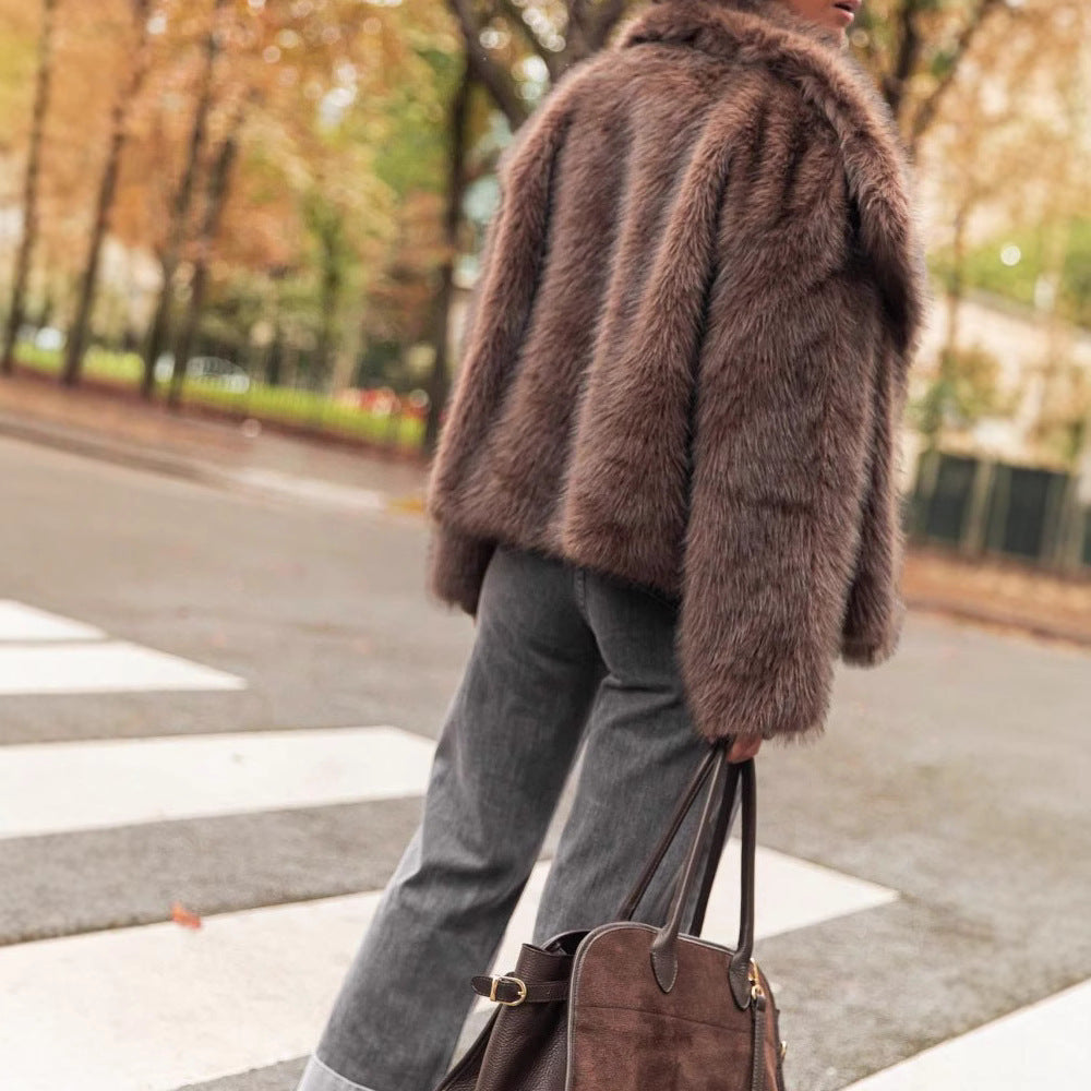 Warm Fashion Loose-fitting Long Sleeves Plush Brown Coat