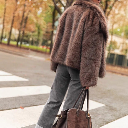 Warm Fashion Loose-fitting Long Sleeves Plush Brown Coat