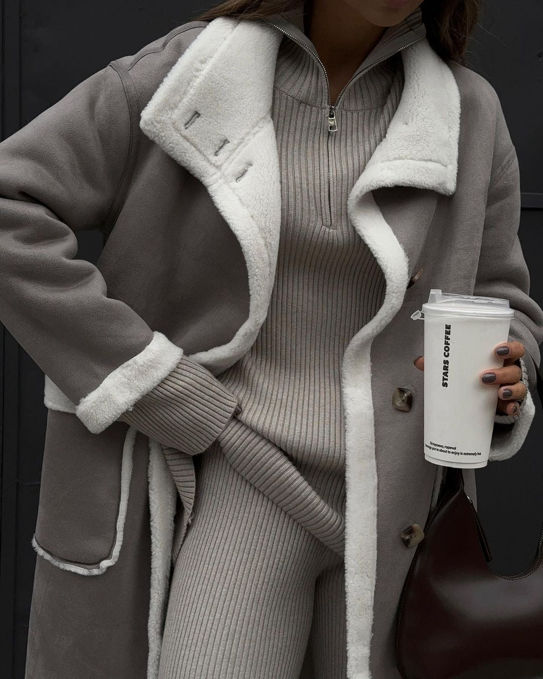 Autumn And Winter Patch Pocket Gray And White Color Matching Coat