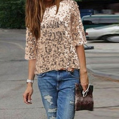 Sequined Sequined Mid-sleeve One-neck Loose Casual T-shirt