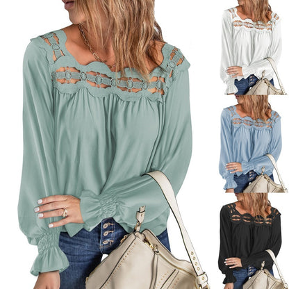 Loose Pullover Shirt Hollow Out Lace-collared Blouse Women