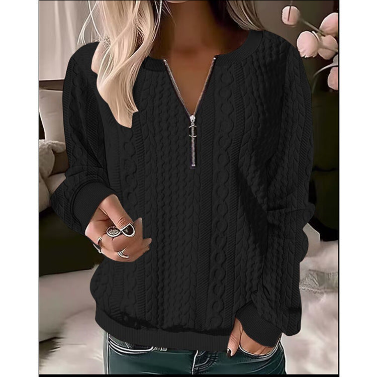 European And American Autumn And Winter New Women's Long Sleeve Solid Color And V-neck Zipper T-shirt