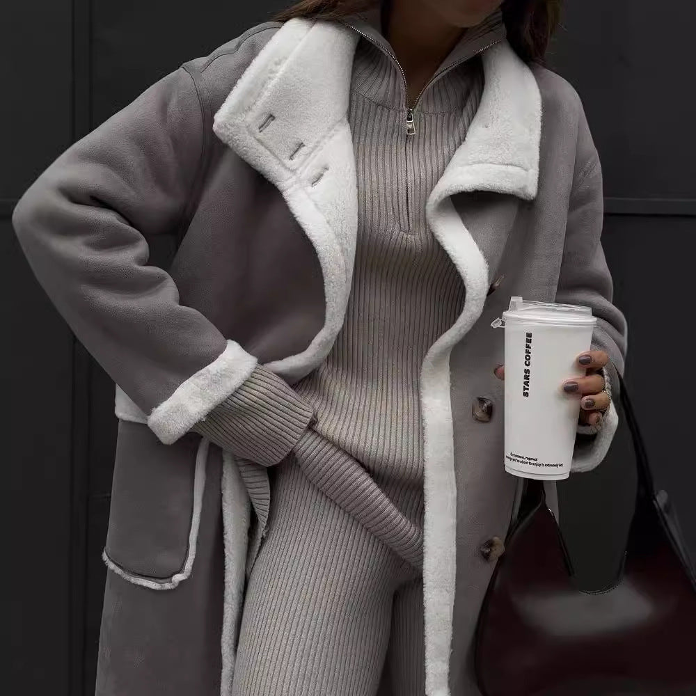 Autumn And Winter Patch Pocket Gray And White Color Matching Coat