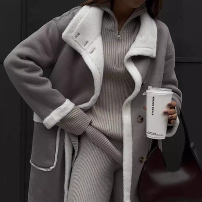 Manteau gris et blanc assorti à poches plaquées pour l'automne et l'hiver