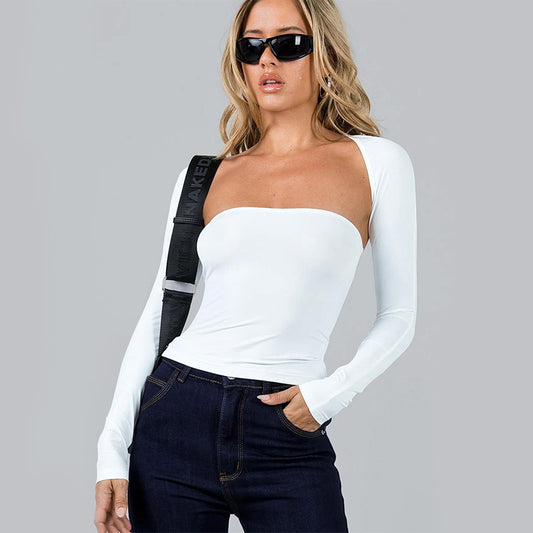 Sexy Tube Top Cinched Waist T-shirt Long Sleeve Tight Two-piece Blouse Women's Top