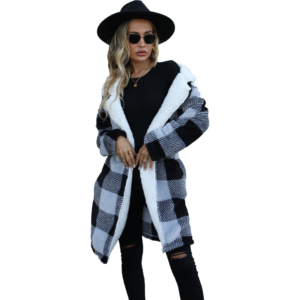 Women's Autumn Clothing Lapel Long Sleeve Buckle-free Plaid Loose Cardigan Double-sided Casual Jacket