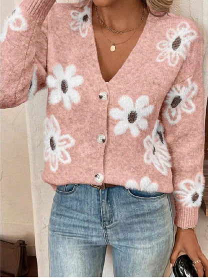 Cardigan boutonné à imprimé fleuri sur le devant