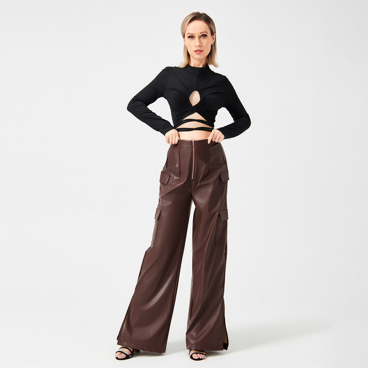 Pantalons en PU à la mode avec poches zippées en métal Pantalons longs