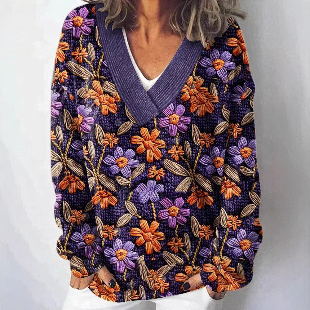 Autumn And Winter Fashion Trends Vintage Floral V-neck Sweater