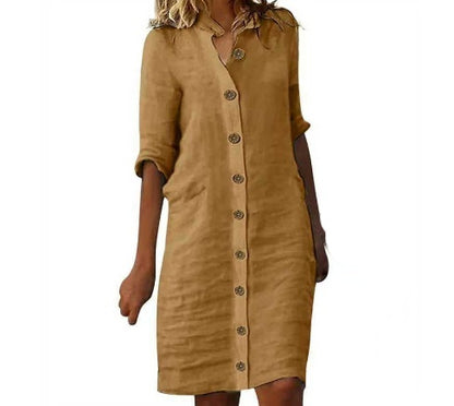 Shirt Collar Half Sleeve Large Round Buckle Cotton And Linen Dress