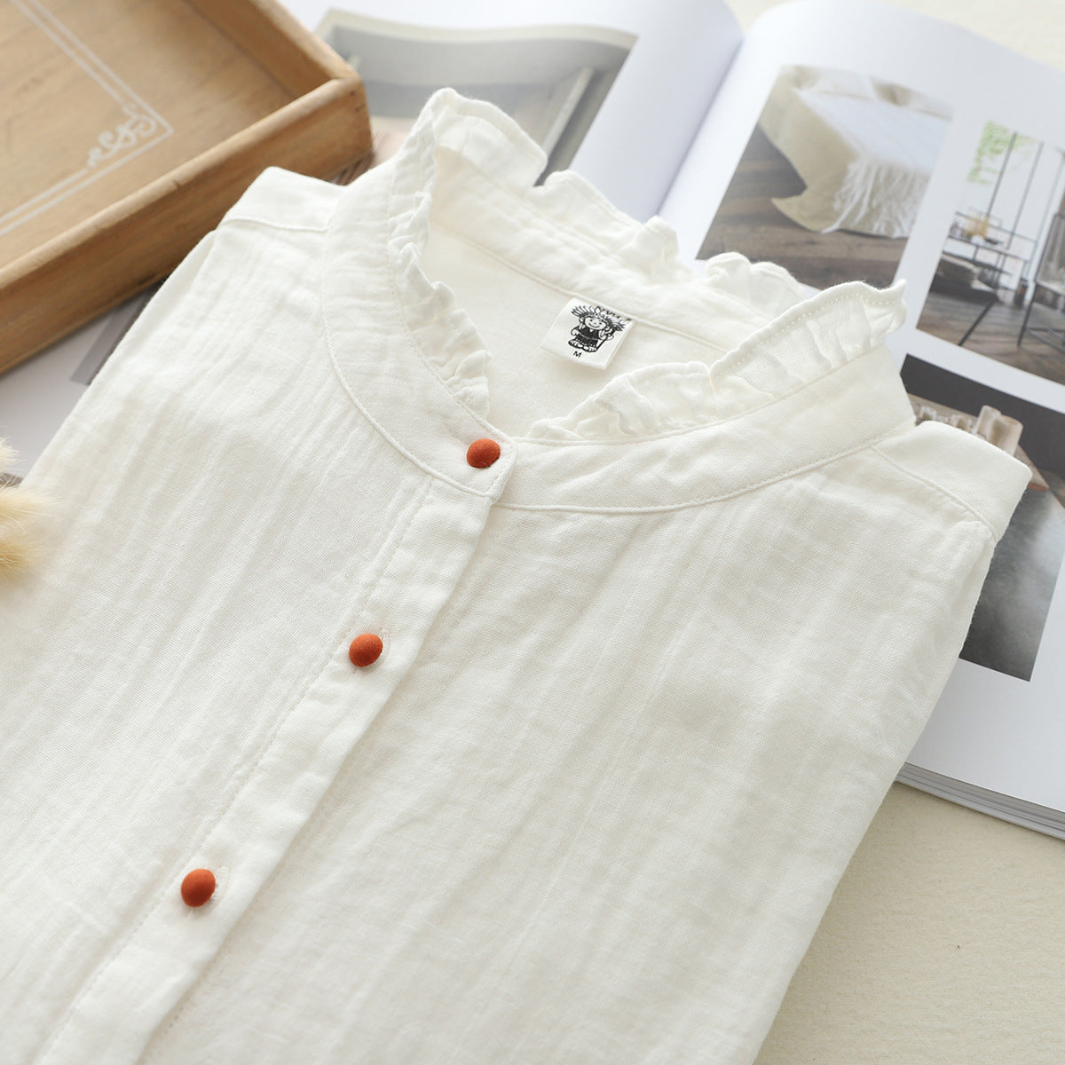 Color Buckle Lace Double-layer Cotton Yarn Long Sleeves White Shirt