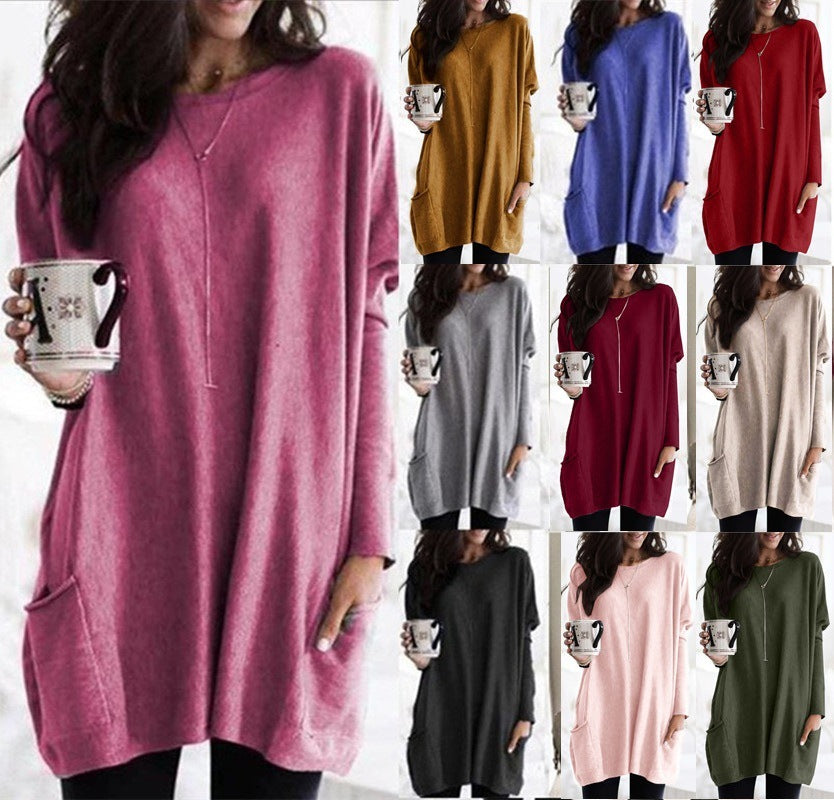 New Autumn Long Sleeve Casual Pocket T-shirt Top For Women