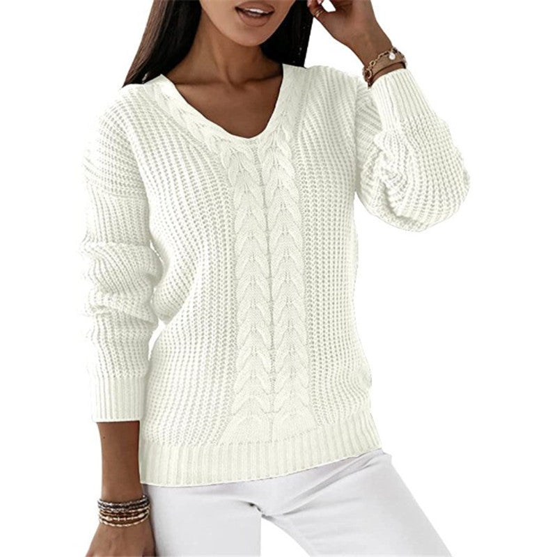 Long-sleeved V-neck Solid Color Twist Casual Knitted Pullover Top