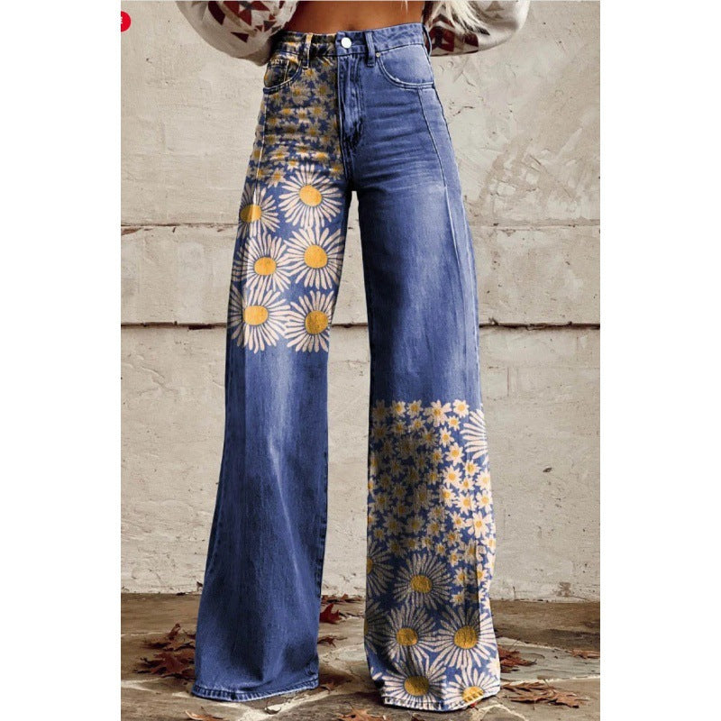 Pantalon large taille haute ample en imitation denim imprimé pour femme