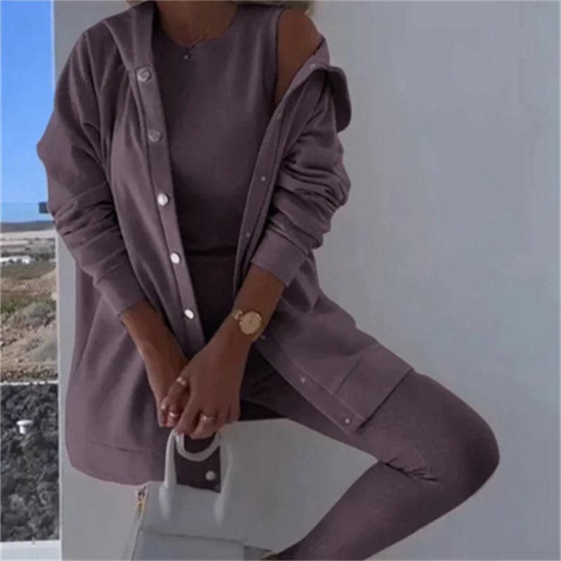 Women's Fashion Sports And Leisure Hooded Sweater Vest Pants Three-piece Set