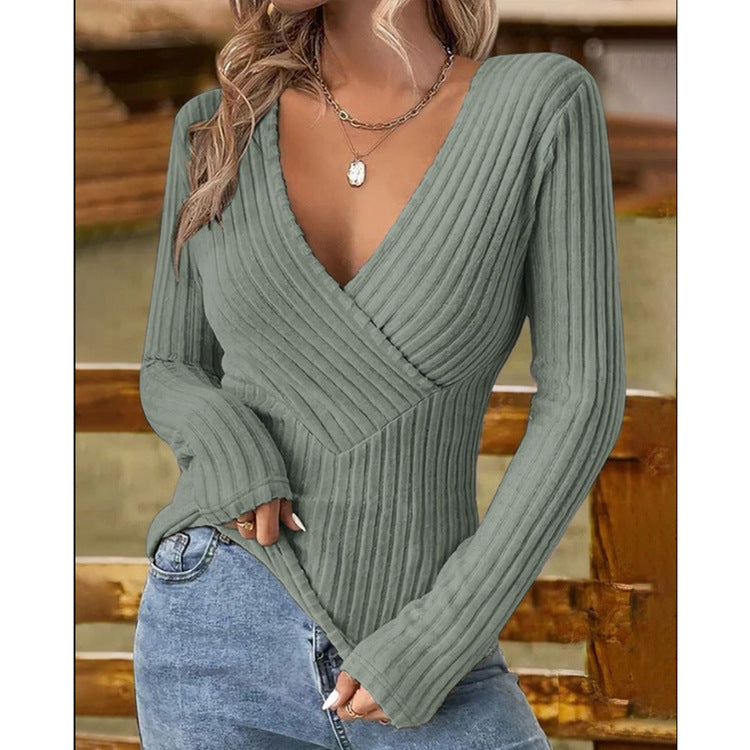 European And American Intellectual Style Temperament Pullover V-neck Slim-fit Long-sleeved Sweater