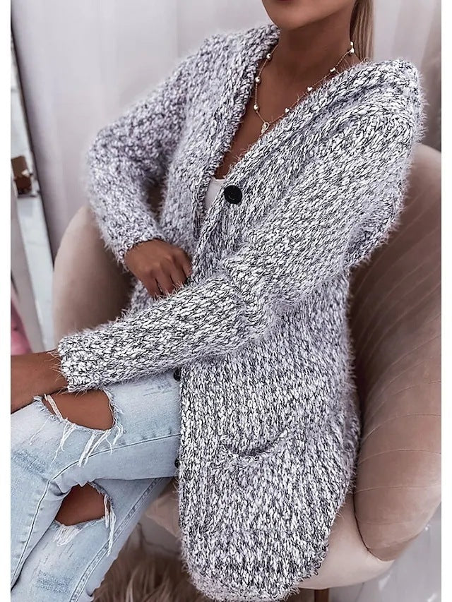 Cardigan mi-long tricoté pour femme, pull à manches longues, manteau flocon de neige