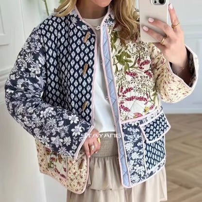 Baumwollgefütterte Jacke im europäischen und amerikanischen Stil mit Positionierungsdruck im Patchwork-Stil