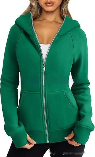 Women's Zipper Short Hood Fleece Lined Solid Color Hoodie Sweater