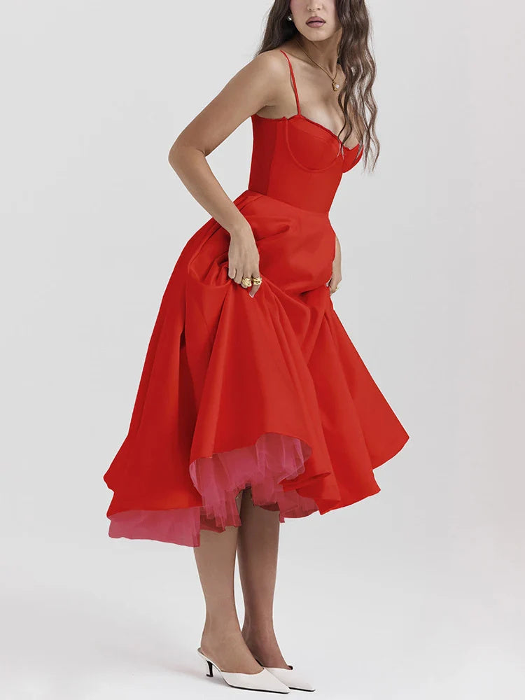 Robe longue bouffante sans manches à col en V pour femme