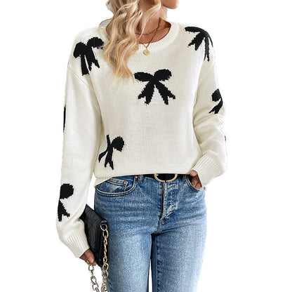 Round Neck Bowknot Jacquard Autumn And Winter Sweater Women