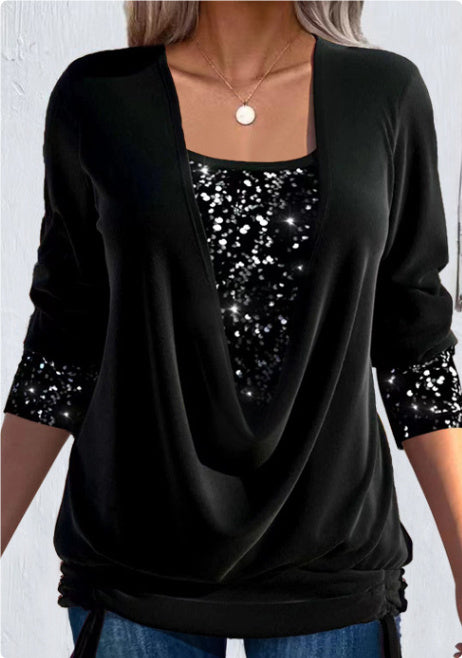 Pure Color Sequins Stitching U-neck Long-sleeved Elegant Casual T-shirt Top