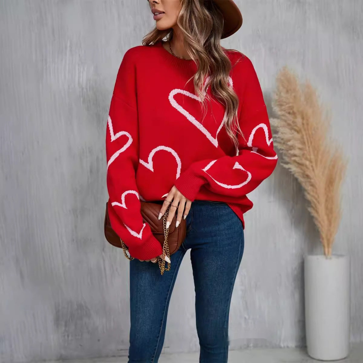 Female With Hearts Valentine's Day Pullover Big Peach Heart Contrast Color Sweater