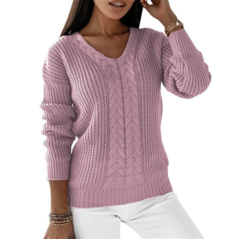 Long-sleeved V-neck Solid Color Twist Casual Knitted Pullover Top