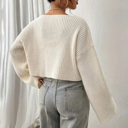 Women's Sweater Short Midriff-baring Loose Drop-shoulder Short Rib Sweater